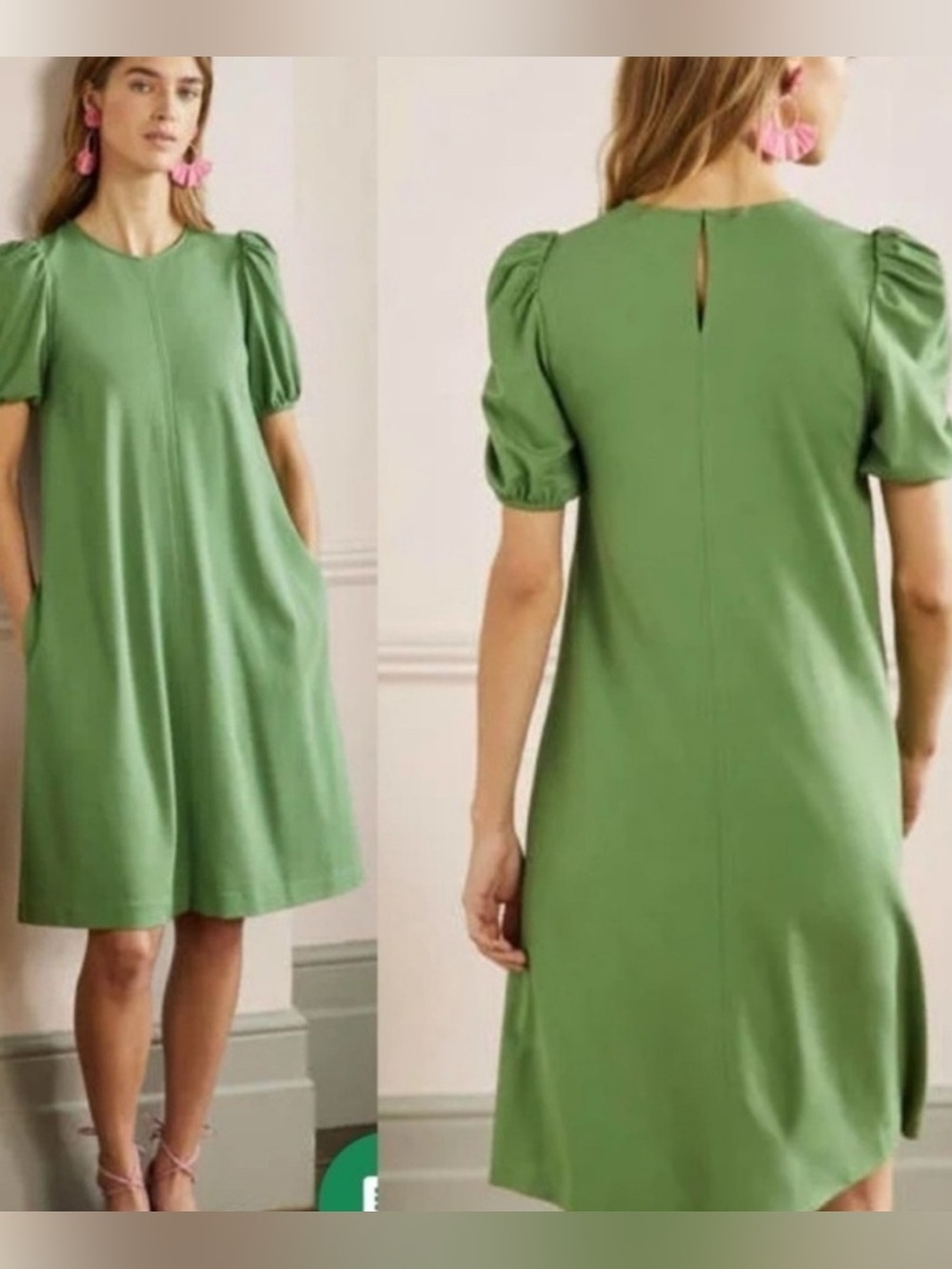 BODEN Jersey Green Puff Sleeve Knee Length Dress L